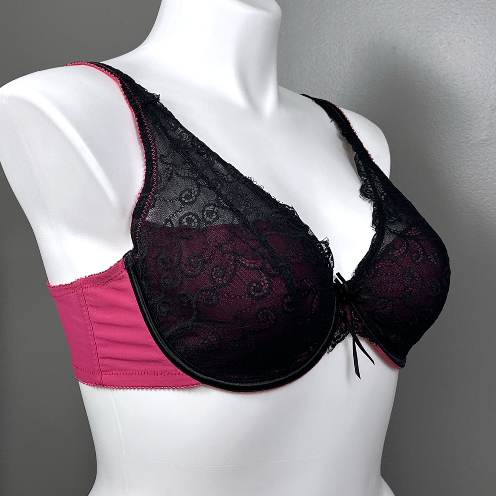 Vintage Y2K Cacique Bra 40D Hot Pink Black Lace Satin Underwire Plus Size